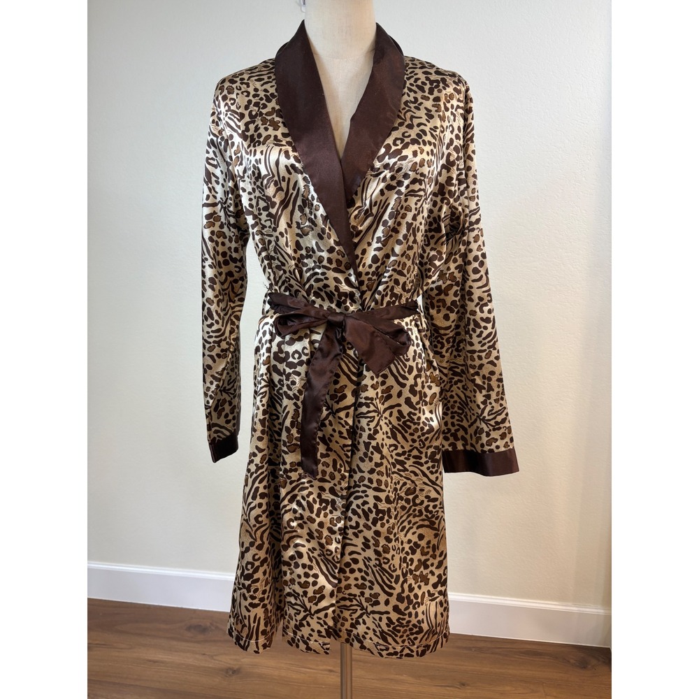 vtg Chanteuse Satin Midi Robe Small Brown Animal Print Loungewear Glam Leopard